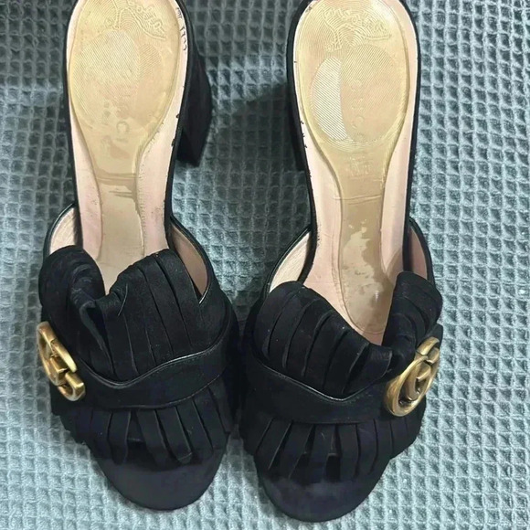 Gucci Black Suede GG Marmont Fringed Mules - Picture 6 of 6